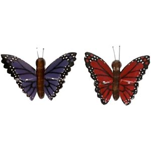 2x magneet hout rode en paarse vlinder - Magneten