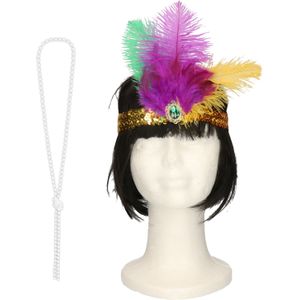 Carnaval verkleed accessoire set - dames hoofdband en parelketting - charleston/jaren 20 stijl - Verkleedattributen