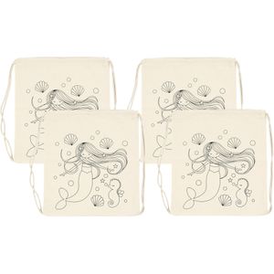 Rugzakje met zeemeermin print - 4x - inkleurbaar - canvas - 37 x 41 cm - Hobbypakket