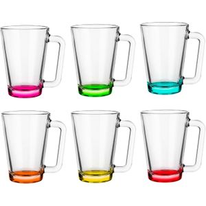 Glasmark Theeglazen/koffie glazen met gekleurde basis - transparant glas - 6x stuks - 300 ml - Koffie- en theeglazen