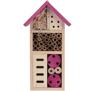 Tuindecoratie insecten hotel huisje roze 26 cm bijen/vlinders/lieveheersbeestjes - Insectenhotel