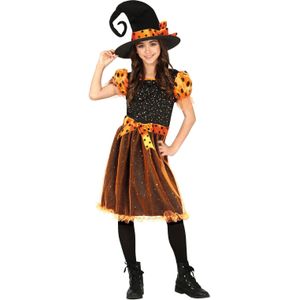 Heksen verkleed kostuum zwart/oranje voor meisjes - Carnavalskostuums