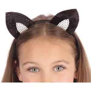 Verkleed diadeem katten oren - zwart - pailletten - voor kinderen  - Verkleedhoofddeksels