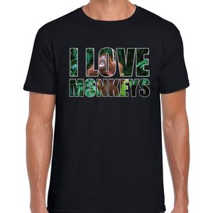 Tekst t-shirt I love monkeys met dieren foto van een orang oetan aap zwart voor heren - T-shirts