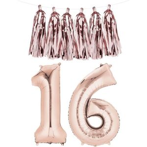Folie ballonnen rosegoud 16 jaar met tassel slinger - Ballonnen