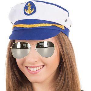 Carnaval verkleed pet kapitein/zeeman - blauw/wit - volwassenen - one size - incl. bril - Verkleedhoofddeksels