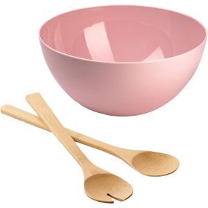 Salade/fruit serveer schaal - roze - kunststof - Dia 28 cm - met bamboe Sla couvert/bestek van 30 cm