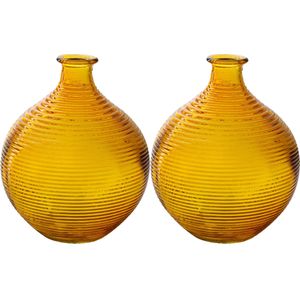 Jodeco Bloemenvaas/flesvaas - 2x - geel - bolvorm met ribbel - D16 x H20 cm