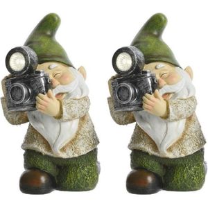 2x stuks tuinkabouter beeld James fotograaf met solar verlichting 24 cm - Tuinbeelden