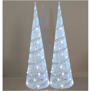 LED kegel/piramide kerstboom lamp - 2x - wit - rotan/kunststof - H59 cm - kerstverlichting figuur