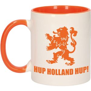 Hup Holland hup met leeuw beker / mok wit en oranje - 300 ml - oranje supporter / fan