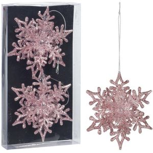 Kersthangers sneeuwvlokken -2x st-roze - 11,5 cm - kunststof - Kersthangers