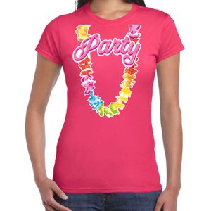 Tropical party T-shirt voor dames - bloemenkrans - fuchsia roze - carnaval/themafeest - Feestshirts