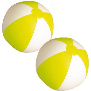 Opblaasbare strandbal - 2x stuks - geel/wit - D28 cm - plastic - zwembad speelgoed opblaas bal - Strandballen