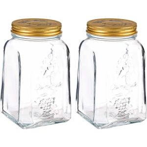 Pasabahce Voorraadpot/bewaarpot Square - 2x - glas - 1L - transparant/goud - D10 x H17 cm - voedsel bewaren