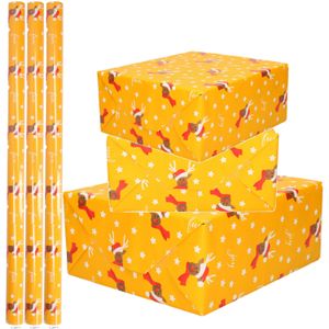 3x Rollen Kerst inpakpapier/cadeaupapier oker geel/rendieren fun 2,5 x 0,7 meter - Cadeaupapier