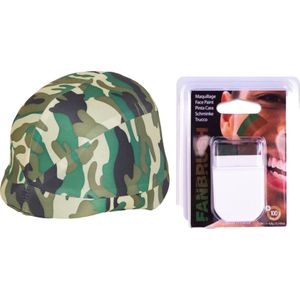 Carnaval verkleed soldaten/leger set - camouflage print helm - make-up stick - bruin/groen - Verkleedhoofddeksels