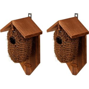 2x stuks bruin kokos/houten vogelhuisjes 26 cm - Vogelhuisjes