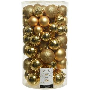 Decoris 100x stuks kunststof kerstballen goud 4, 5, 6, 7 en 8 cm - Kerstbal