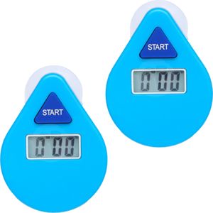 Douche timer/wekker - 2x stuks - met zuignap - 5 min - digitaal - blauw - 8 cm - Kookwekkers