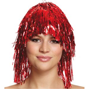 Dames tinsel/folie carnaval pruik - rood kleur - disco/eighties - Verkleedpruiken