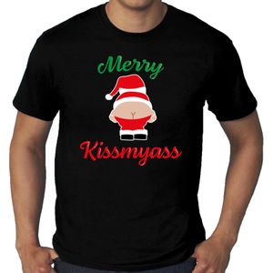 Grote maten merry kiss my ass foute Kerst t-shirt zwart voor heren - kerst t-shirts