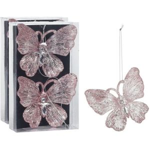 Kersthangers vlinders - 4x -transparant met roze glitter -15cm -kunststof - Kersthangers