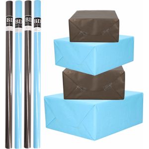 8x Rollen kraft inpakpapier pakket zwart/blauw voor jongens/heren 200 x 70 cm - Cadeaupapier