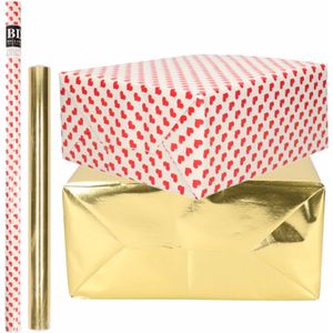 4x Rollen kraft inpakpapier liefde/rode hartjes pakket - metallic goud 200 x 70/50 cm - Cadeaupapier