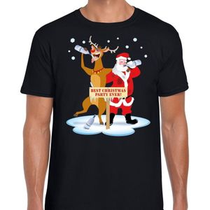 Foute Kerst t-shirt dronken kerstman en Rudolf zwart heren - kerst t-shirts