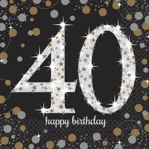 48x stuks 40 jaar verjaardag feest servetten zwart met confetti print 33 x 33 cm - Feestservetten