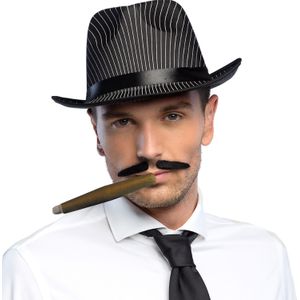 Gangster/Maffia/Roaring Twenties verkleed set - gleufhoed zwart - met dun snorretje - Dikke sigaar - Verkleedhoofddeksels