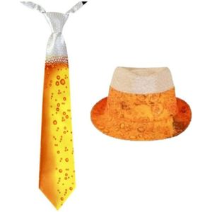 Carnaval verkleed set hoed en stropdas in BIER thema print - Verkleedhoofddeksels