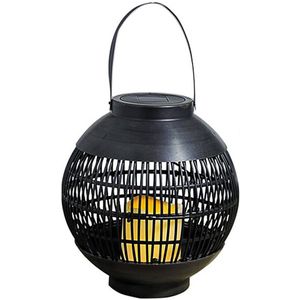 Buiten/tuin zwarte rotan lampionnen/hanglantaarns 23 cm solar tuinverlichting - Lantaarns