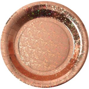 Wegwerpbordjes glitter - Bruiloft - 10x stuks - 23 cm - rosegoud - Feestbordjes