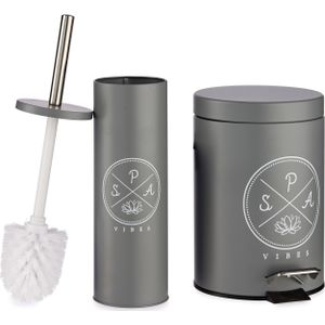 Toiletborstel/wc-borstel en pedaalemmer donker grijs met tekst aluminium 37 cm - Badkamer accessoires