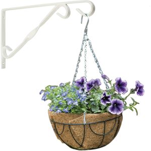 Hanging basket 30 cm met klassieke muurhaak wit en kokos inlegvel - metaal - hangmand set - Plantenbakken