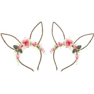 Verkleed diadeem paashaas/bunny oren - 2x - met bloemen - roze - one size - Verkleedhoofddeksels