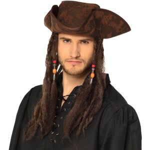 Carnaval verkleed hoed voor een Piraat - bruin - polyester - heren - met haar/vlechten - Verkleedhoofddeksels