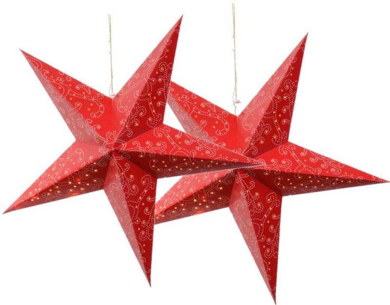 Decoris verlichte kerststerren - 2x - rood - 60 cm - papier - op batterijen