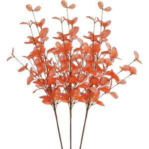 DK Design Kunstbloem Eucalyptus tak Silk - 3x - 72 cm - oranje - losse steel - Kunst zijdebloemen