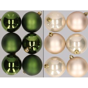12x stuks kunststof kerstballen mix van donkergroen en champagne 8 cm - Kerstbal