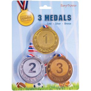 Verkleed medailles met lint - 3x - goud/zilver/brons - kunststof - 6 cm - speelgoed - Fopartikelen