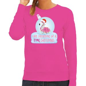 Foute kersttrui/sweater voor dames - flamingo in kerstbal - roze - pink Christmas - kerst truien