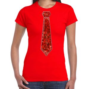 Verkleed t-shirt voor dames - stropdas rood - pailletten - rood - carnaval - foute party - Feestshirts