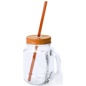 1x stuks glazen Mason Jar drinkbekers oranje dop/rietje 500 ml - Drinkbekers