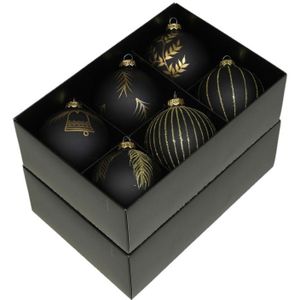 Luxe gedecoreerde kerstballen - 12x stuks - zwart - glas - 8 cm - Kerstbal