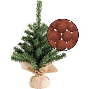 Mini kerstboompje groen - met lichtsnoer bollen terracotta bruin - H45 cm  - Kunstkerstboom