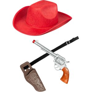 Verkleed set cowboyhoed Rodeo rood - met holster en pistool - voor volwassenen - Verkleedhoofddeksels