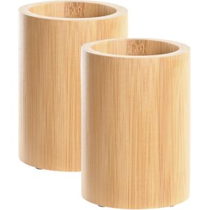 Badkamer tandenborstelhouder / drinkbeker - 2x - bamboe hout - 8 x 11 cm - Tandenborstelhouders